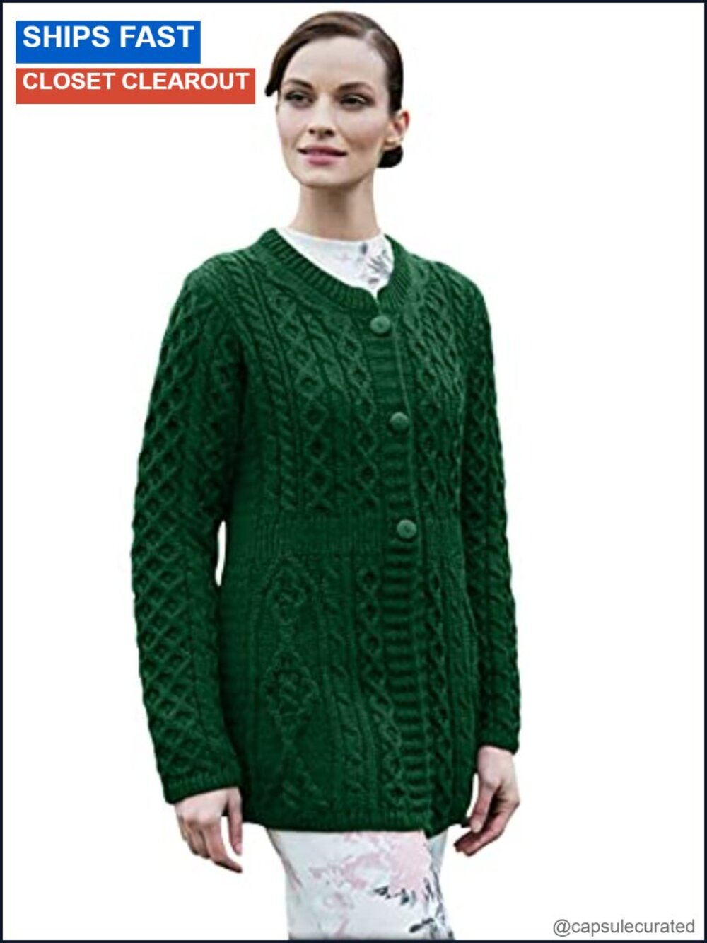 Merino Wool A-Line Cardigan Button Front Aran Knit Sweater